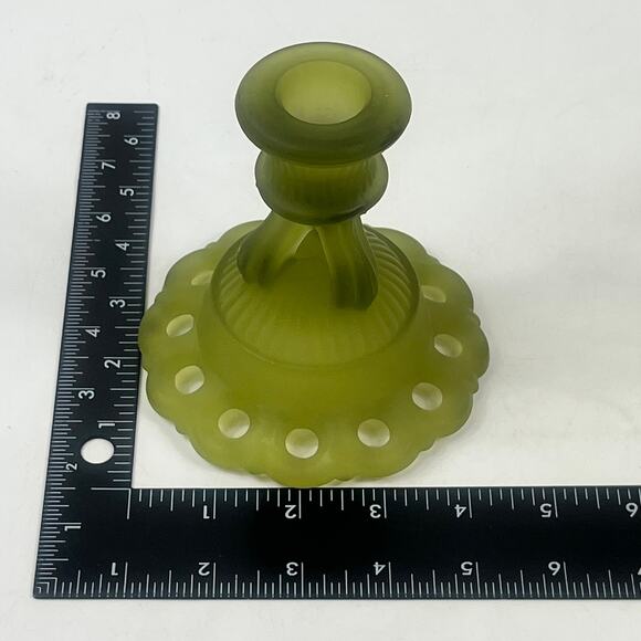 Vtg Westmoreland Doric Lace Olive Green Satin Glass Candlestick Holders Pair USA - Picture 5 of 6